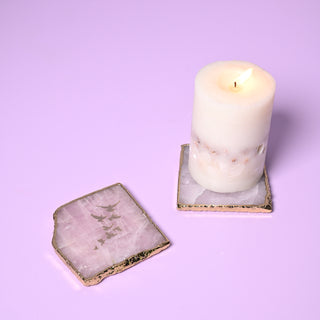 Rose Quartz Square Coaster Set with Gold Trim (Set Of 2)