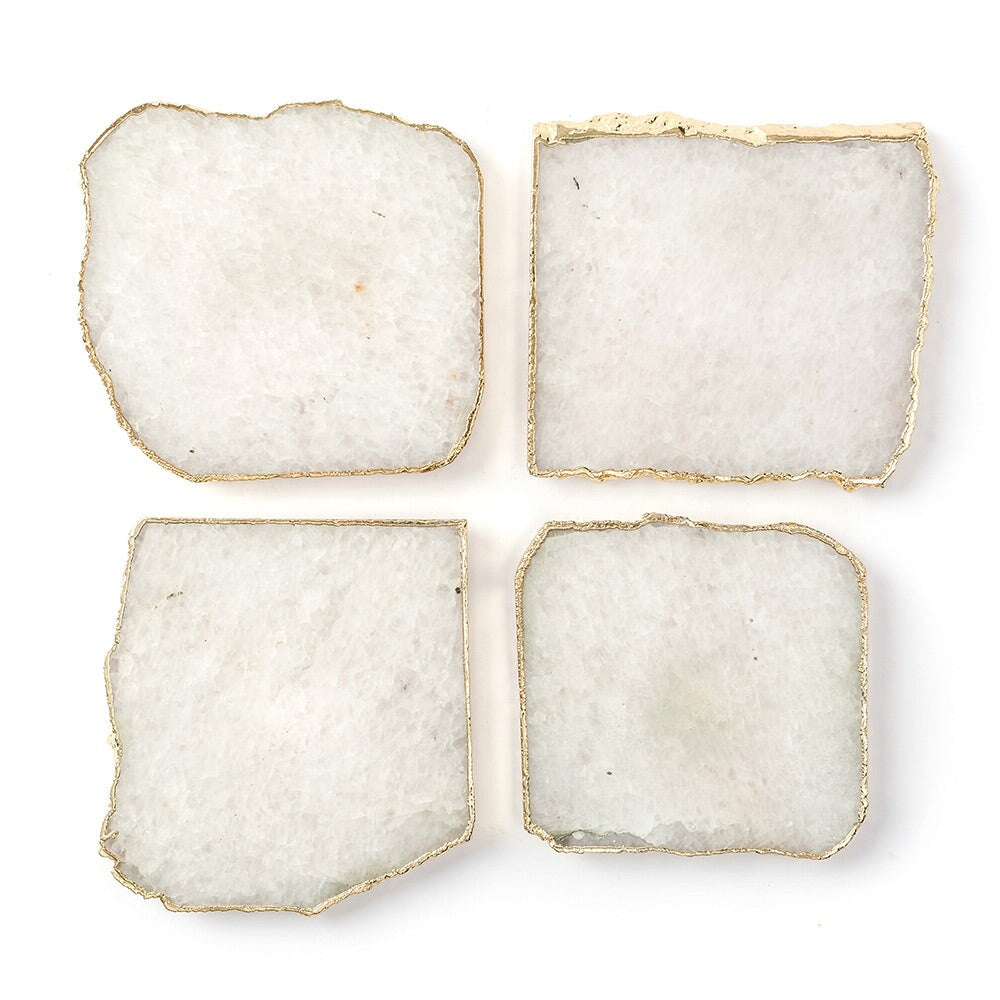 White Quartz Coaster Set with Gold Edges