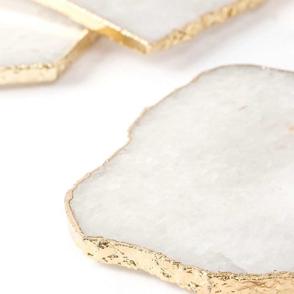 White Quartz Coaster Set with Gold Edges