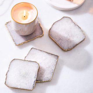 White Quartz Square Coaster Set With Gold Trim