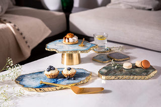 Blue Agate Cake Stand With Golden Base