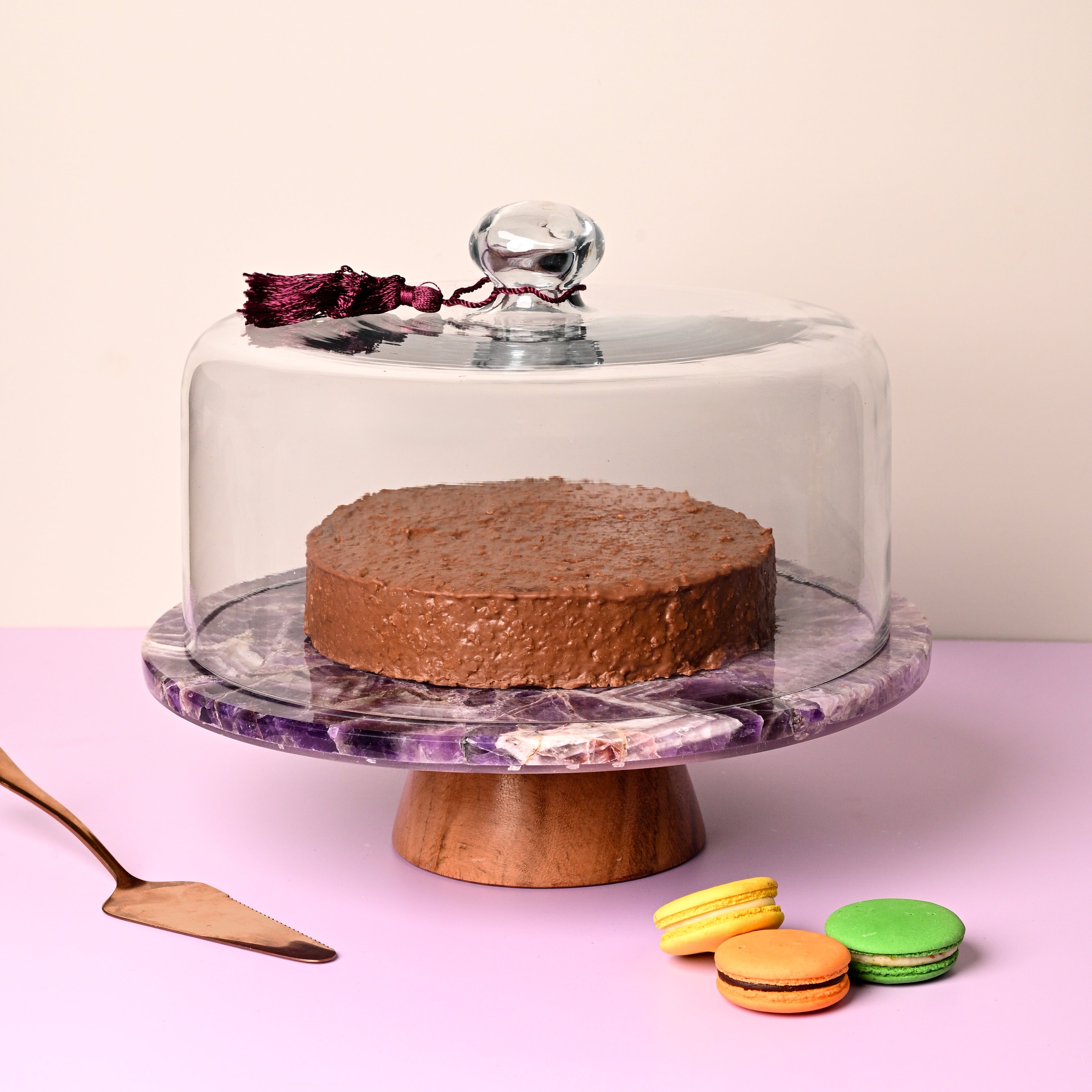 Amethyst Cake Stand With Wooden Base-12 Inches