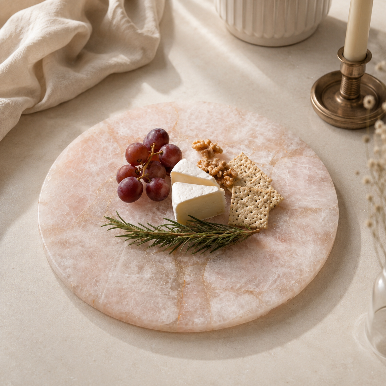 Rose quartz platter  - round