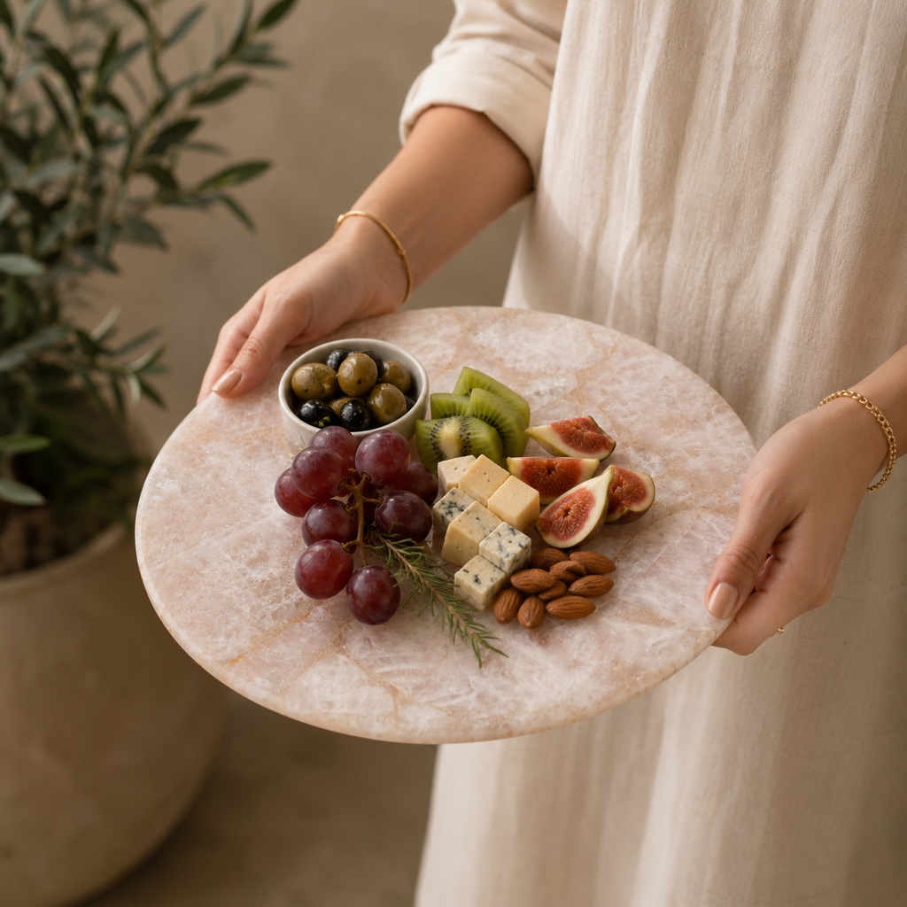 Rose quartz platter  - round