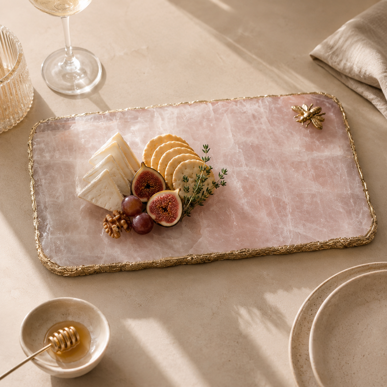Roseate quartz platter with Bee