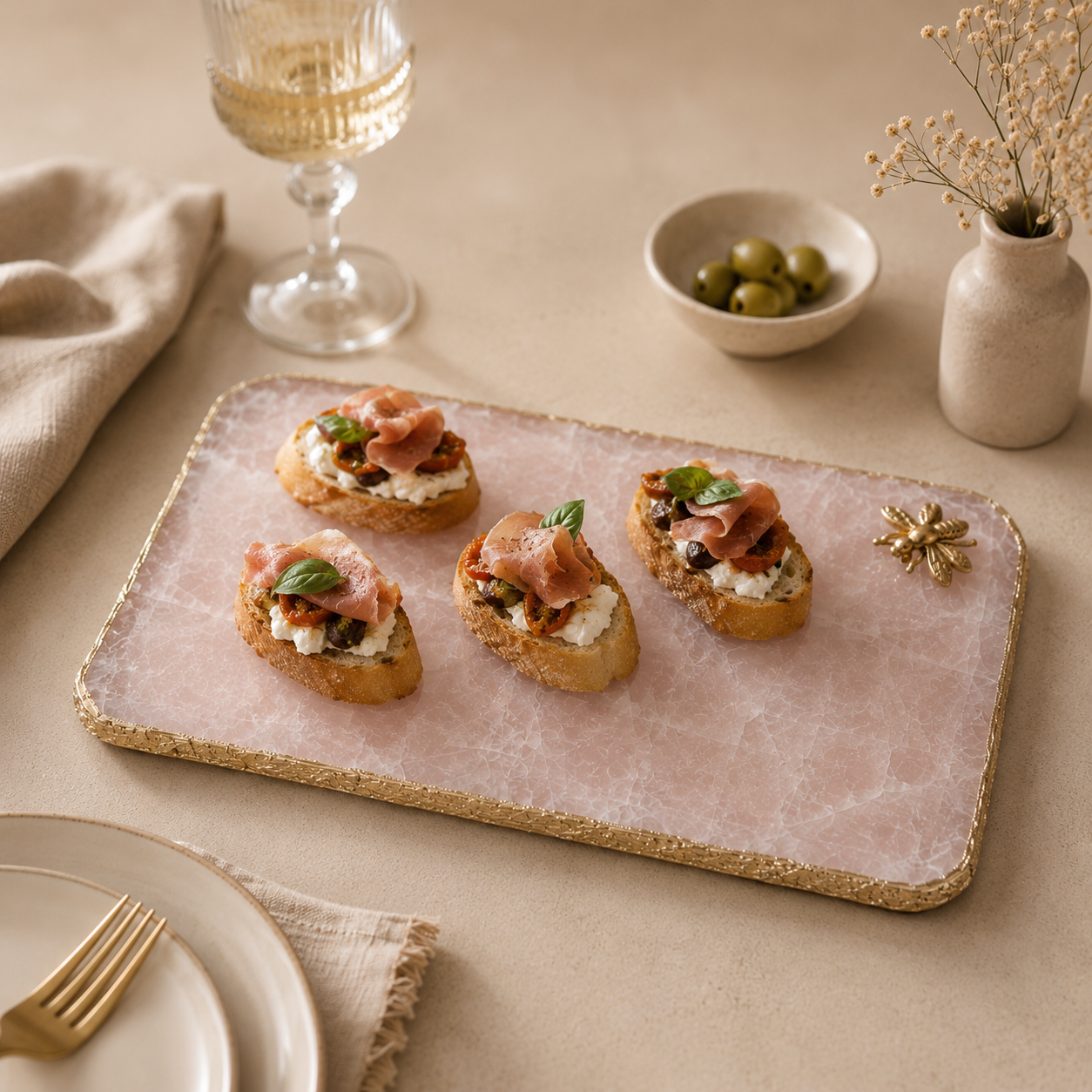 Roseate quartz platter with Bee
