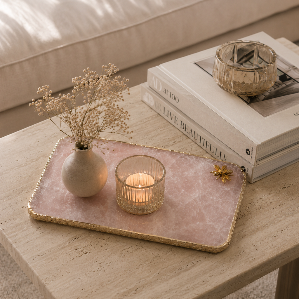 Roseate quartz platter with Bee