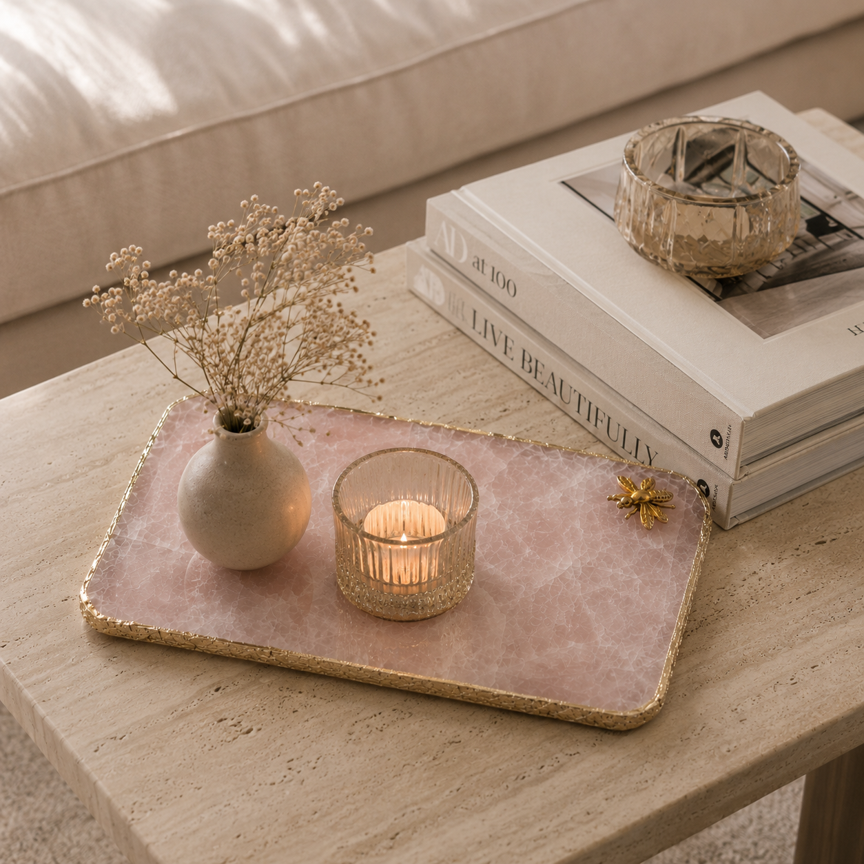 Roseate quartz platter with Bee