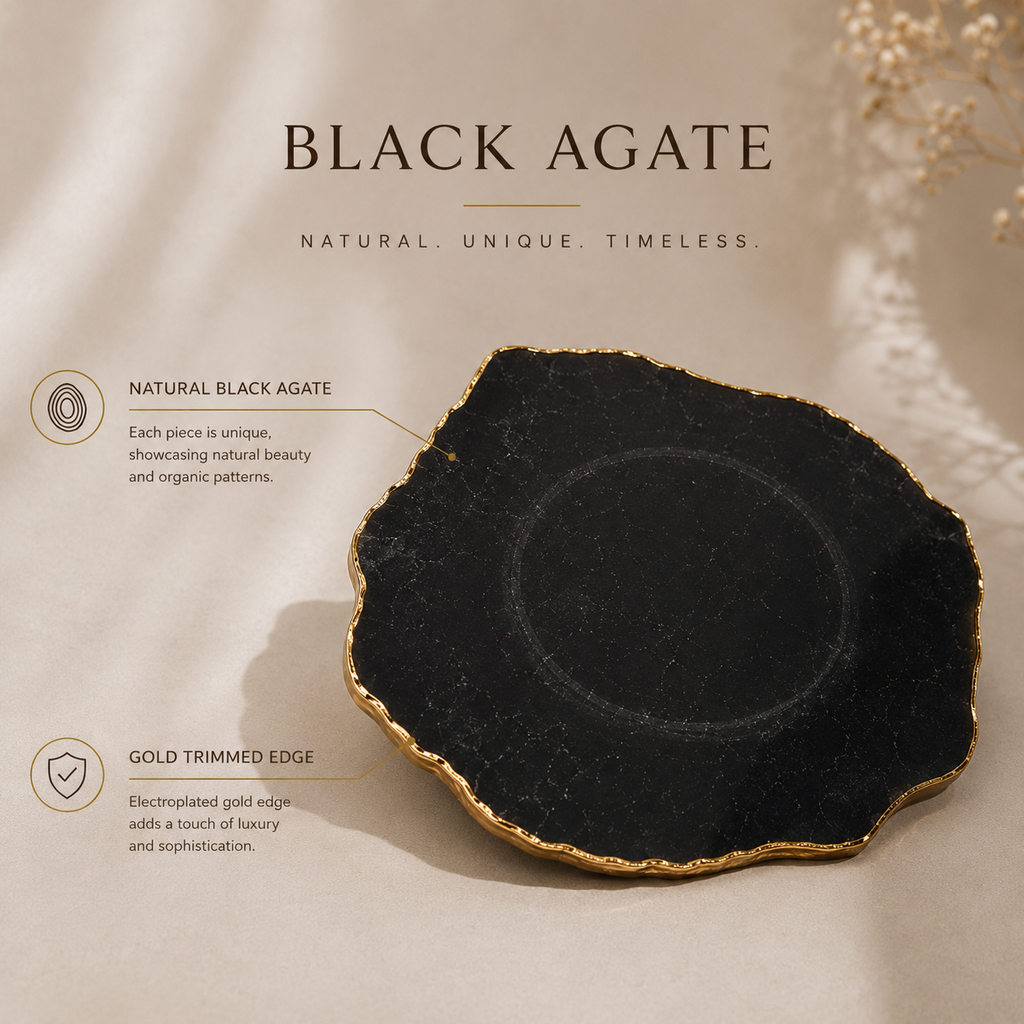 Black agate platter with gold trims / silver trims