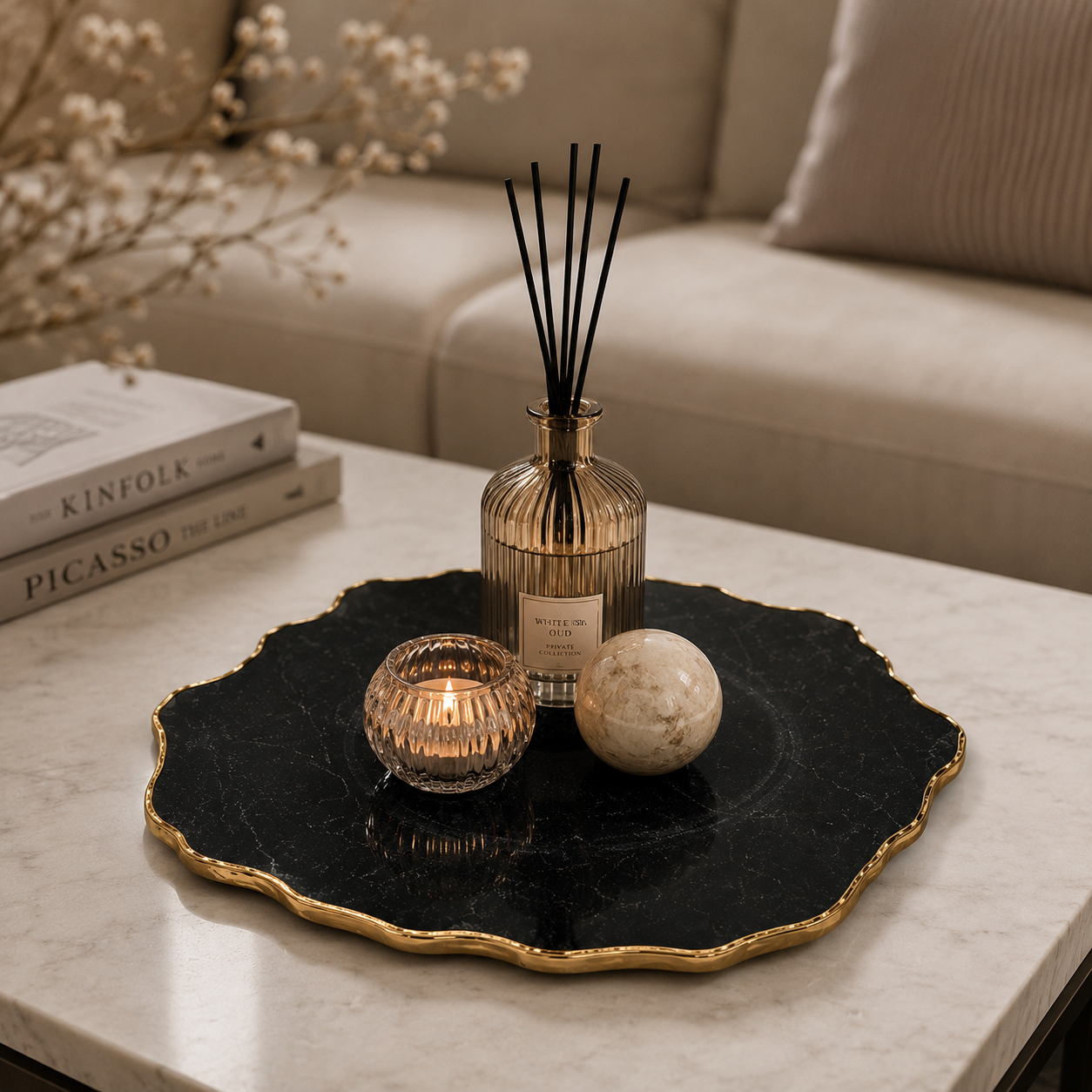 Black agate platter with gold trims / silver trims