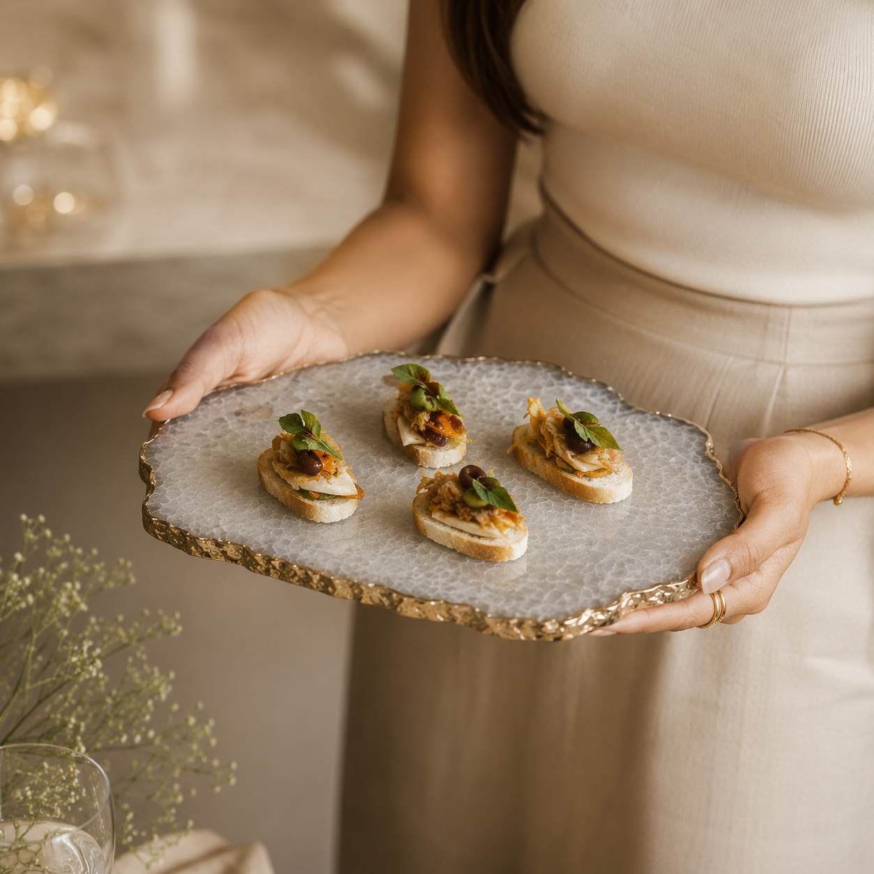 grey wild agate cheese board with  gold trims / silver trims/ rose gold trims