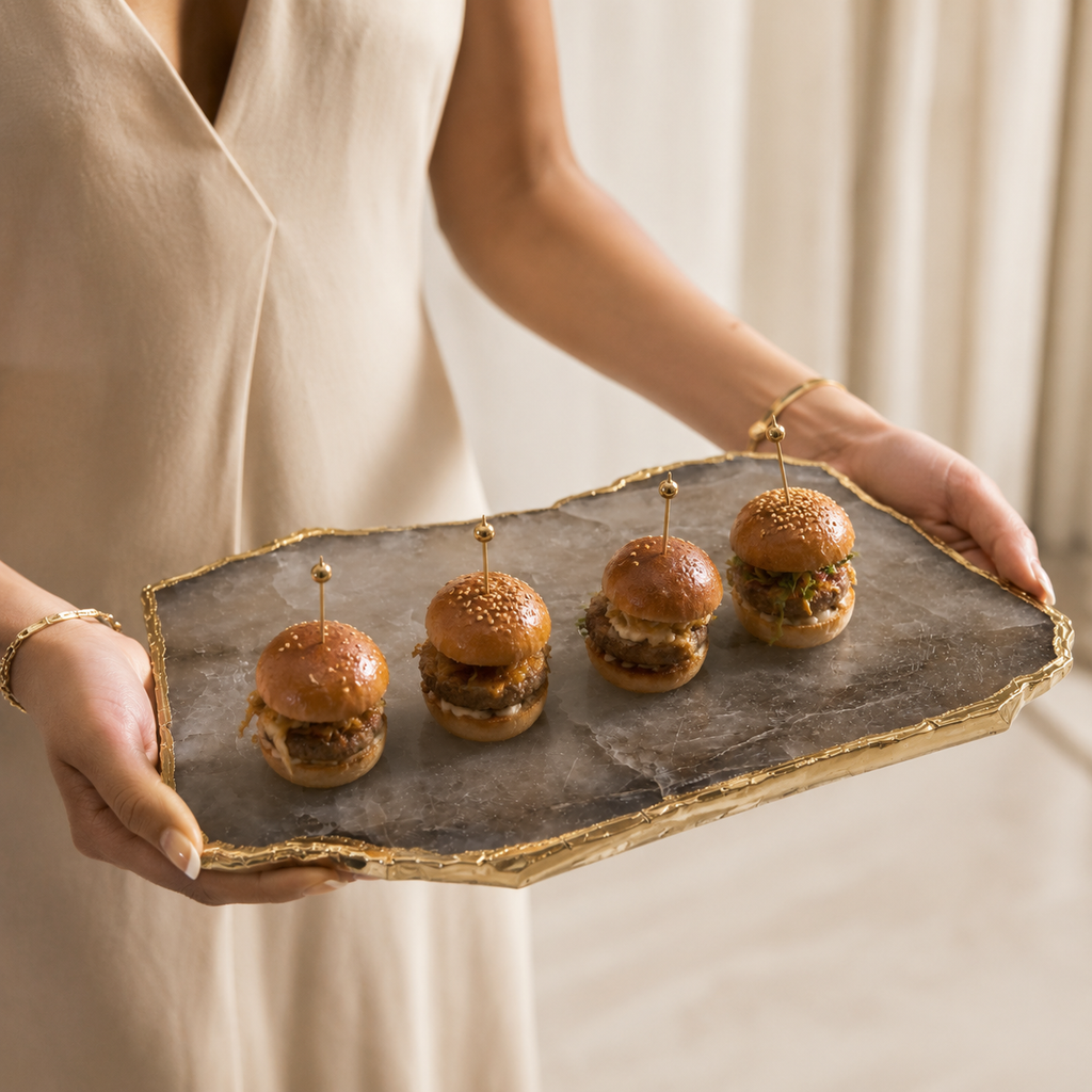 Smokey rose quartz platter with gold trims