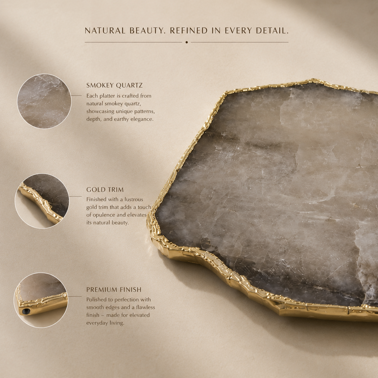 Smokey rose quartz platter with gold trims