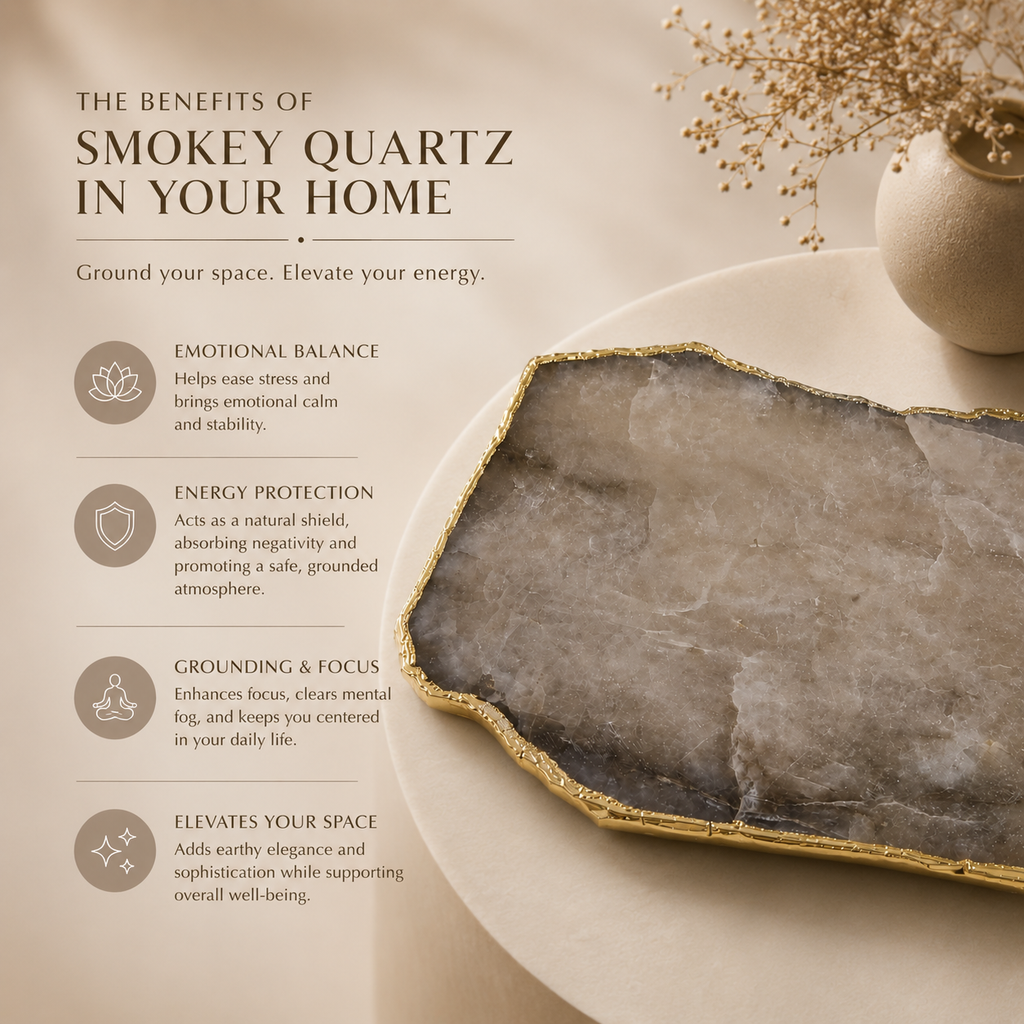 Smokey rose quartz platter with gold trims