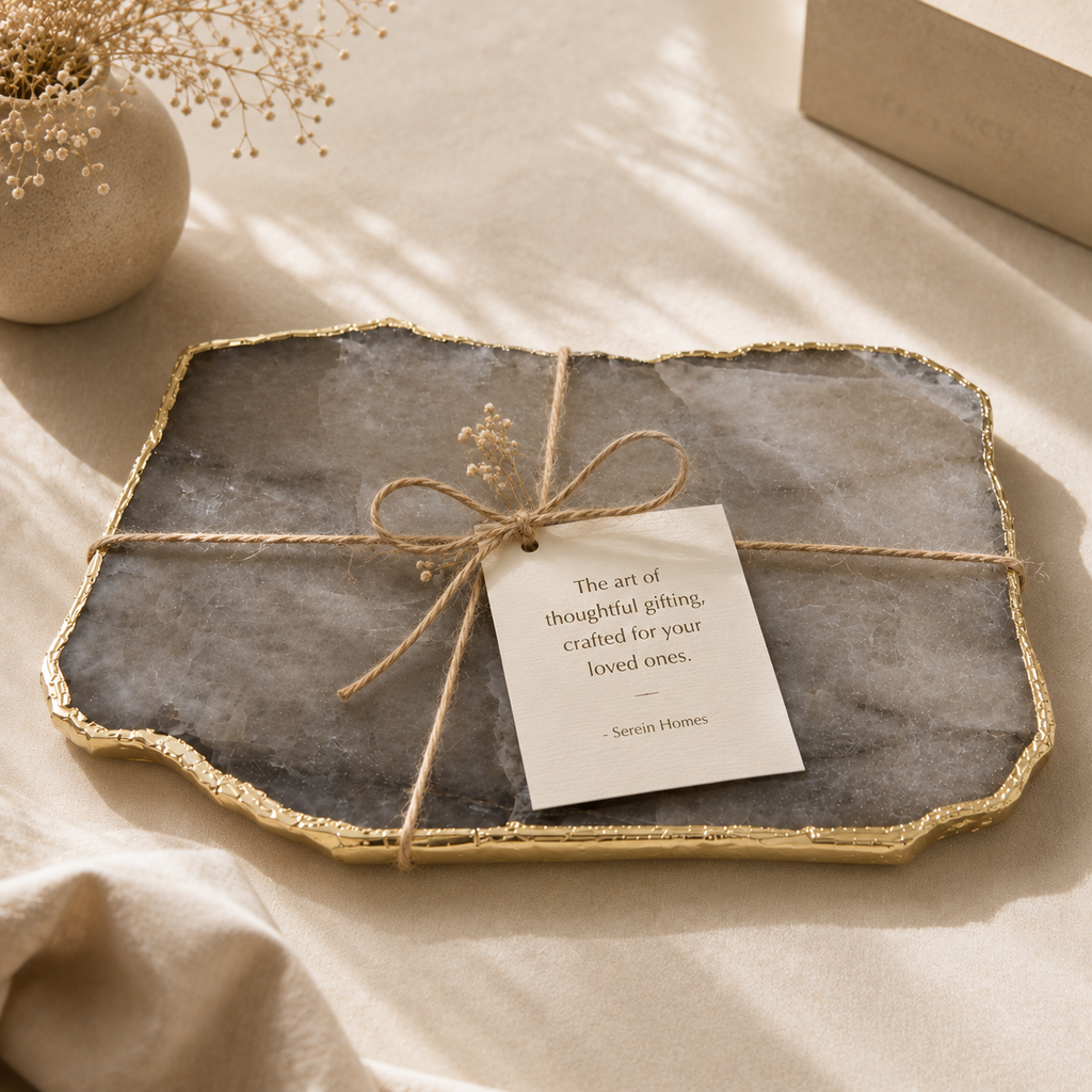 Smokey rose quartz platter with gold trims