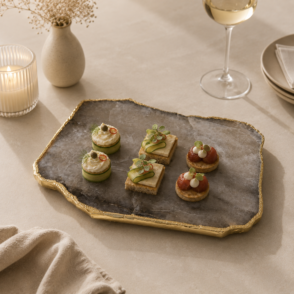 Smokey rose quartz platter with gold trims