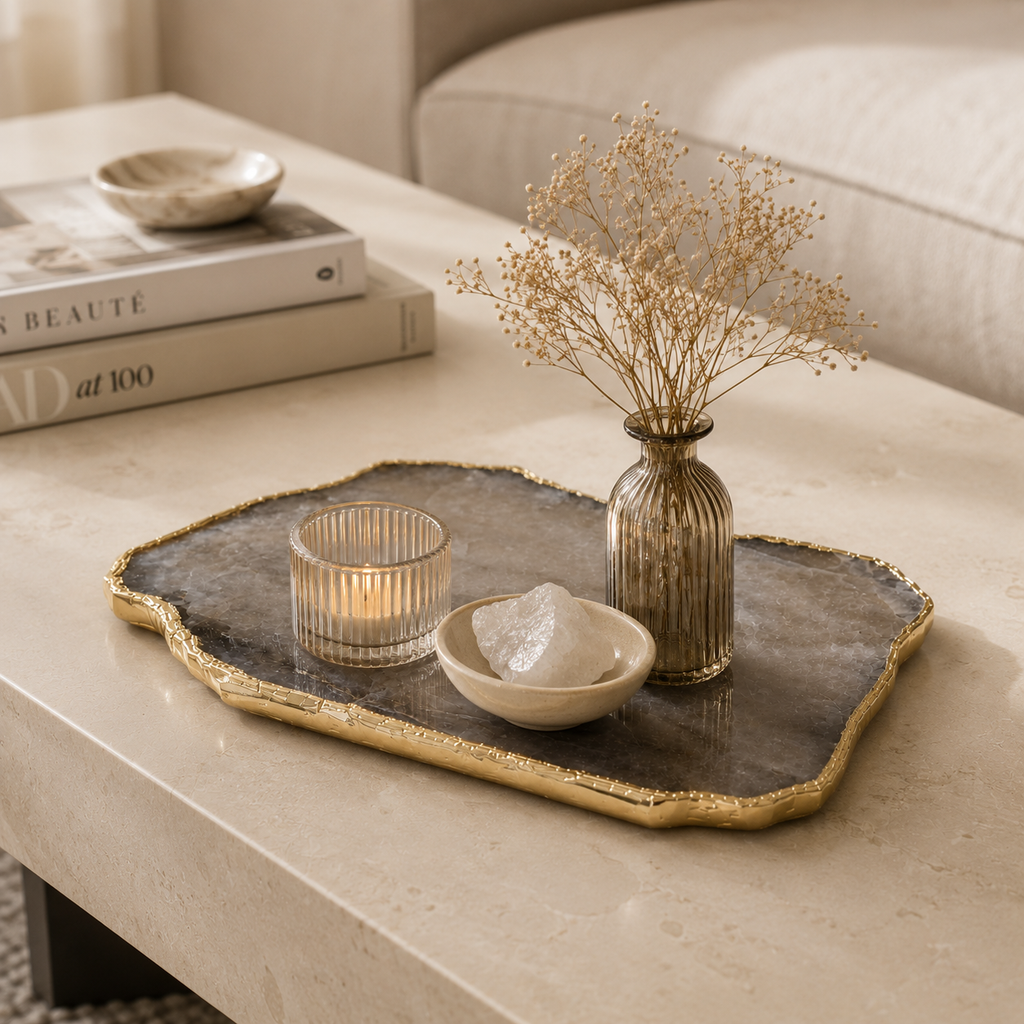 Smokey rose quartz platter with gold trims
