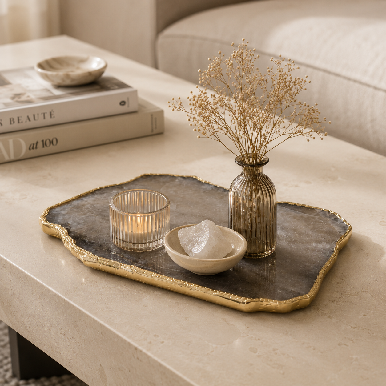 Smokey rose quartz platter with gold trims