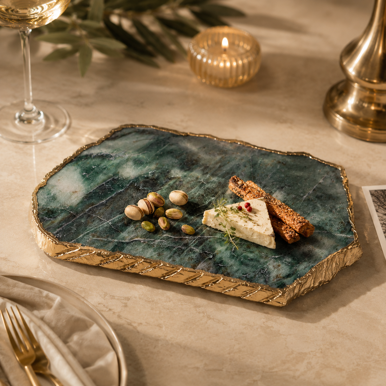 Green aventurine platter with gold trim / silver trims