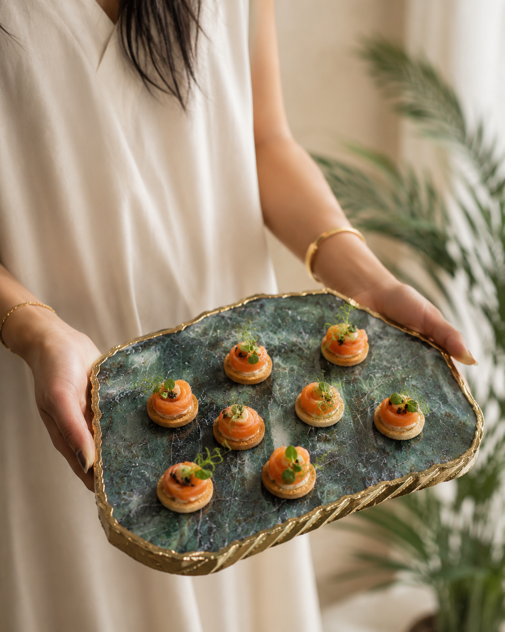 Green aventurine platter with gold trim / silver trims