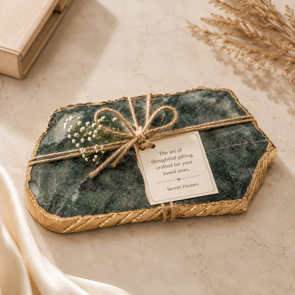 Green aventurine platter with gold trim / silver trims