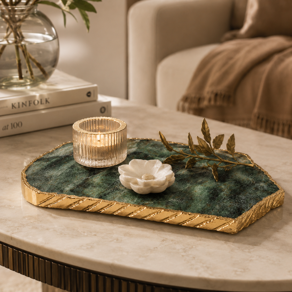 Green aventurine platter with gold trim / silver trims