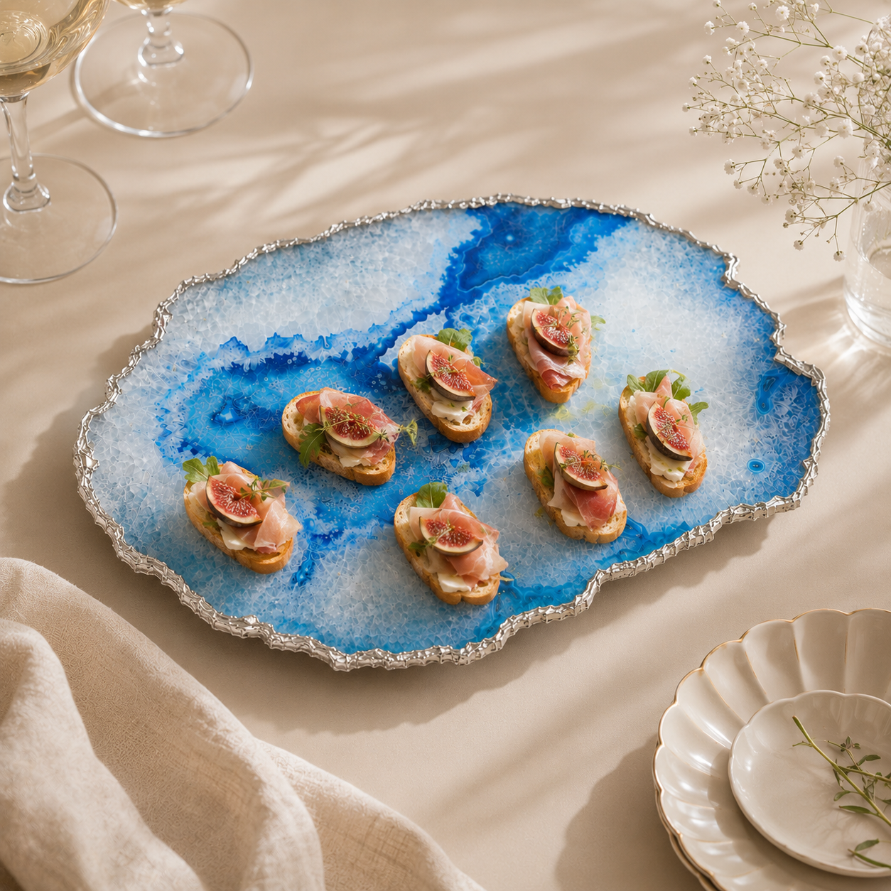 Blue agate platter with gold trims / silver trims