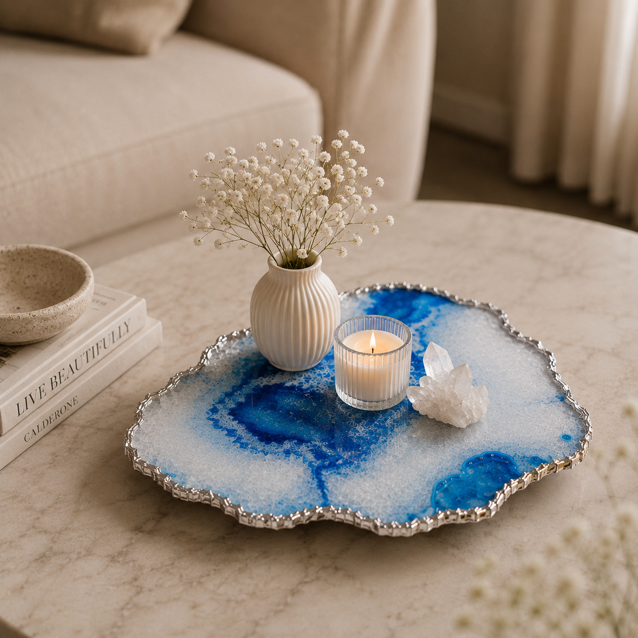 Blue agate platter with gold trims / silver trims