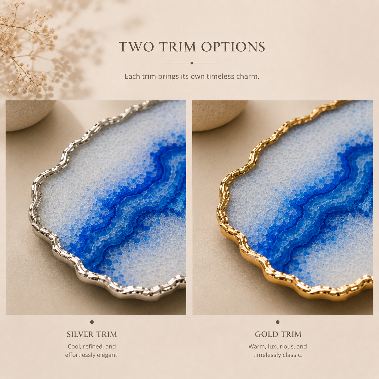 Blue agate platter with gold trims / silver trims
