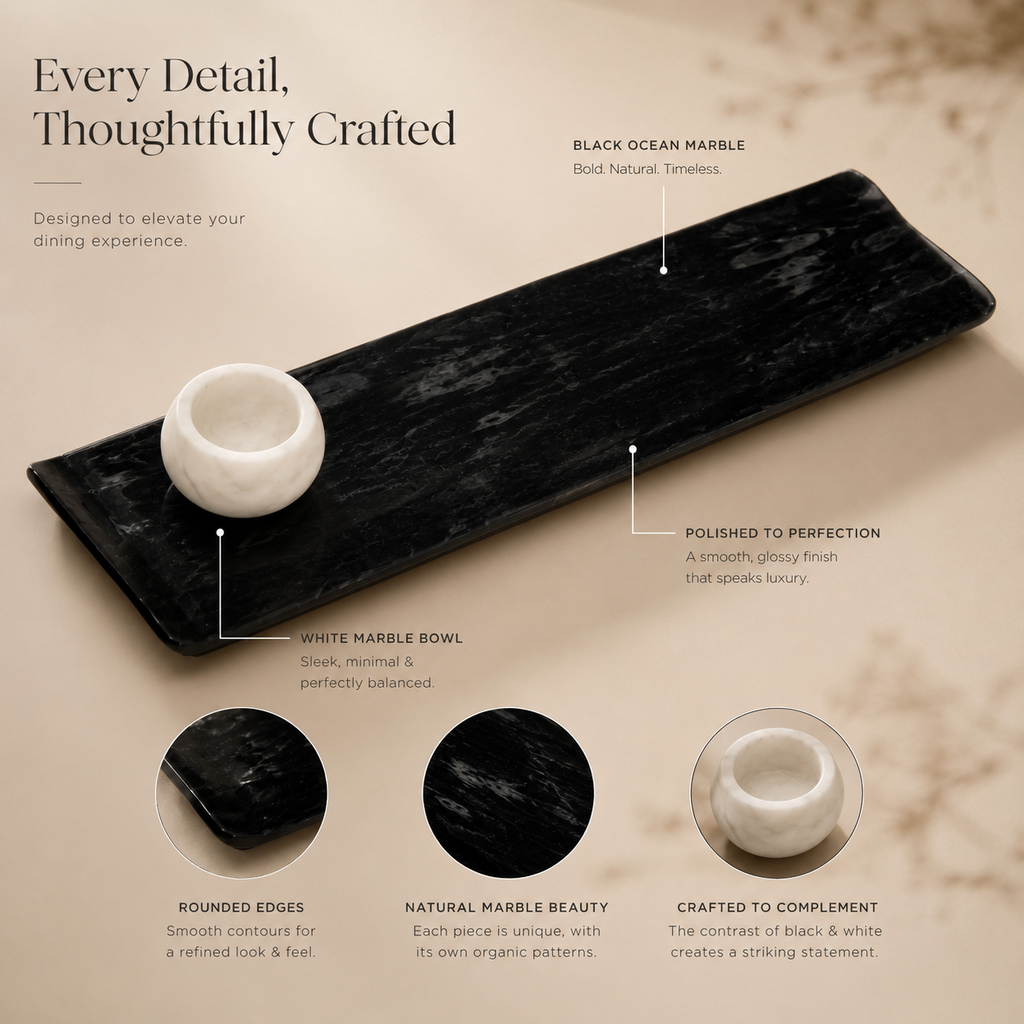 Black ocean marble platter with bowl - rectangle