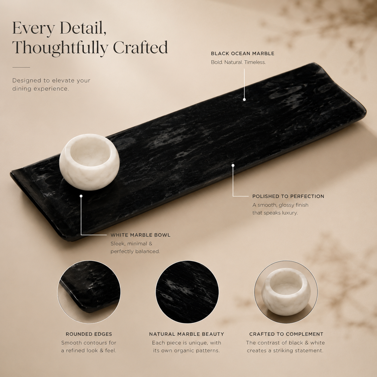 Black ocean marble platter with bowl - rectangle