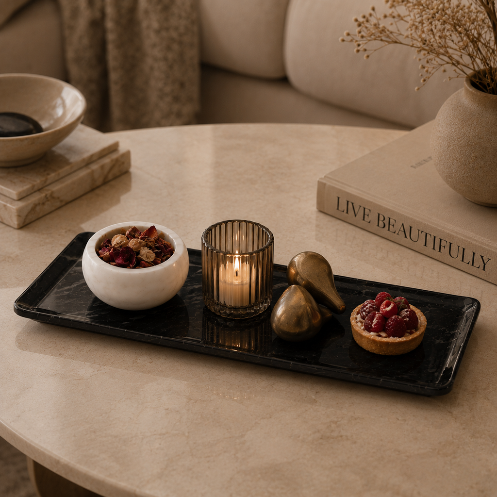 Black ocean marble platter with bowl - rectangle
