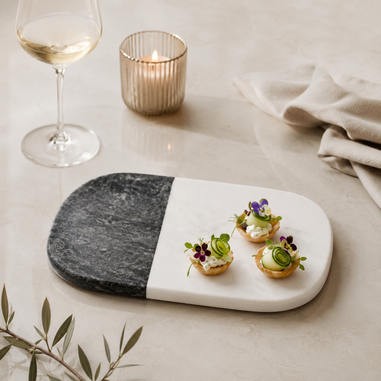 Black & white marble platter rounded edges