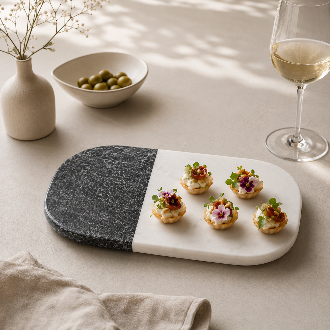 Black & white marble platter rounded edges