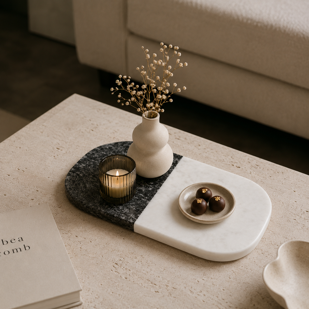 Black & white marble platter rounded edges