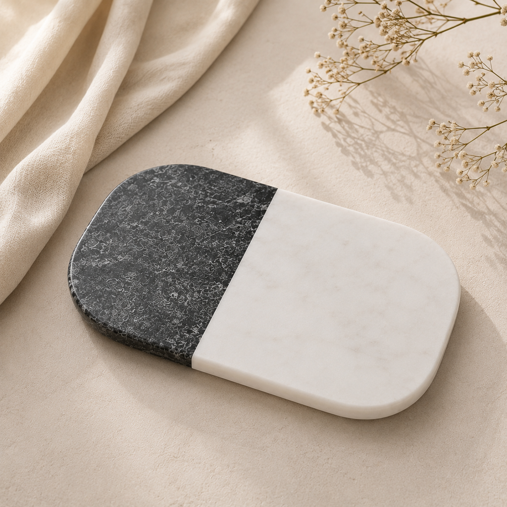 Black & white marble platter rounded edges