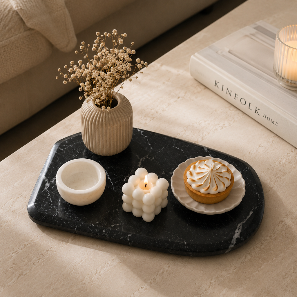 Black ocean marble platter with Bowl