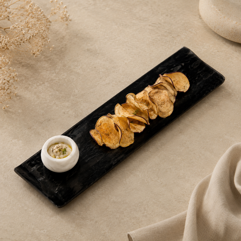 Black ocean marble platter with bowl - rectangle