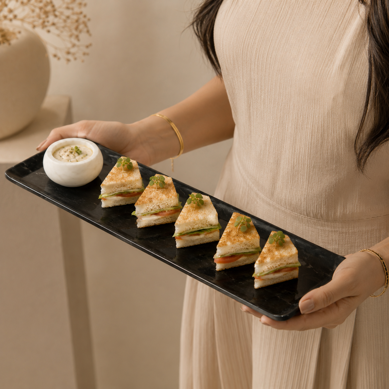 Black ocean marble platter with bowl - rectangle