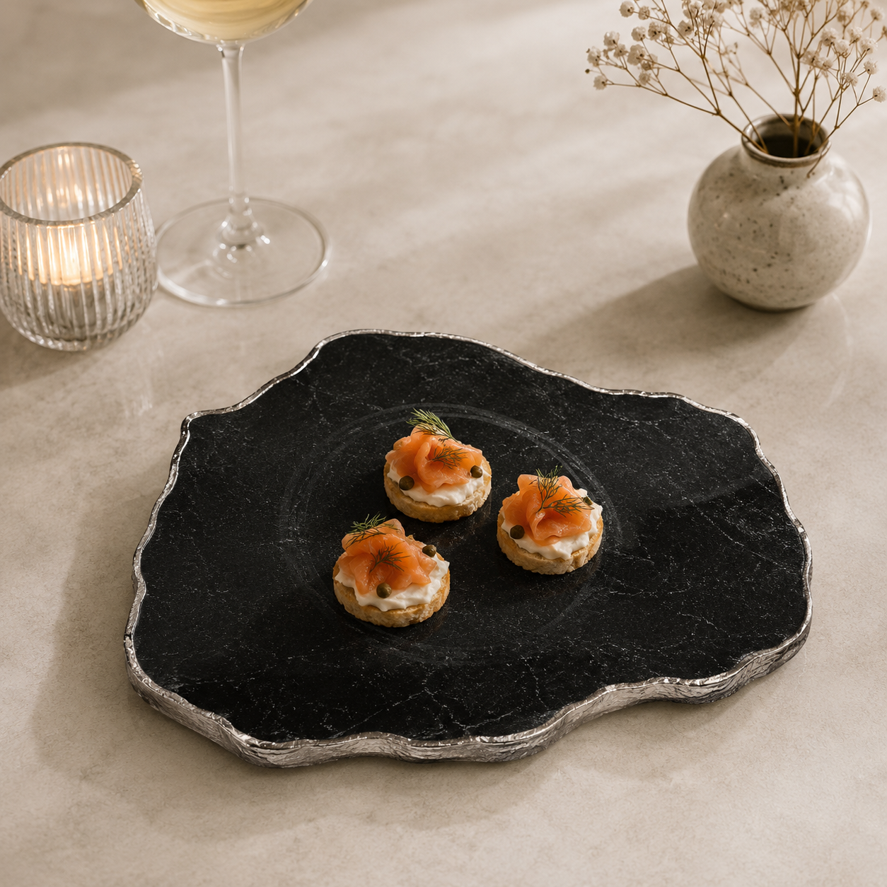 Black agate platter with gold trims / silver trims