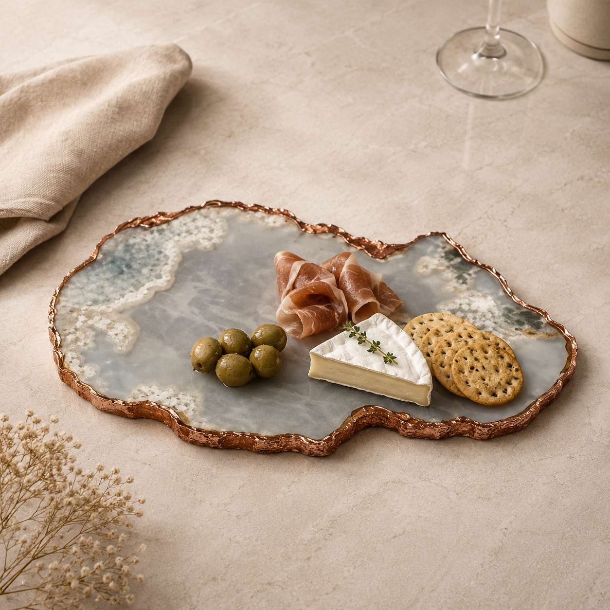 grey wild agate cheese board with  gold trims / silver trims/ rose gold trims