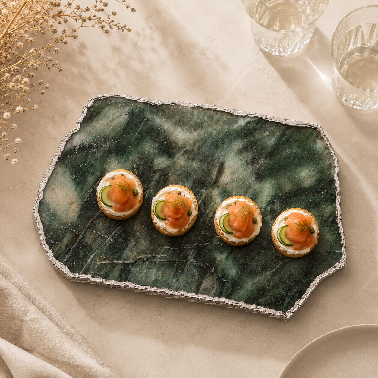 Green aventurine platter with gold trim / silver trims