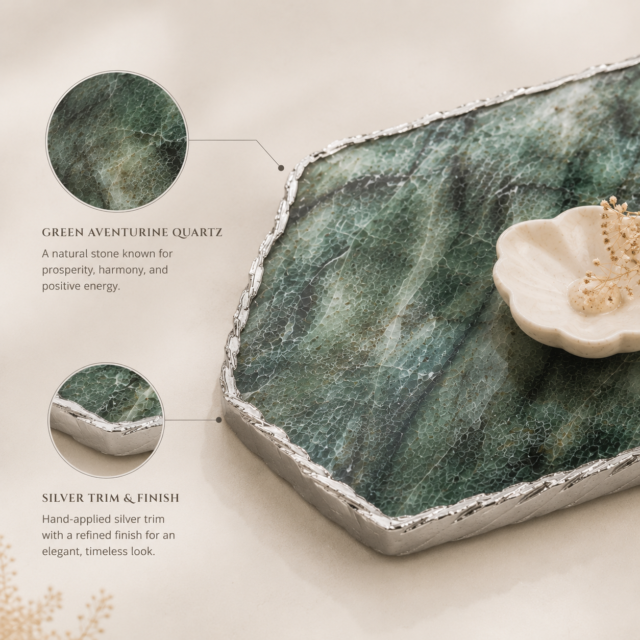 Green aventurine platter with gold trim / silver trims