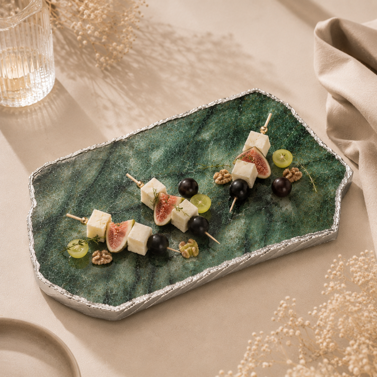 Green aventurine platter with gold trim / silver trims