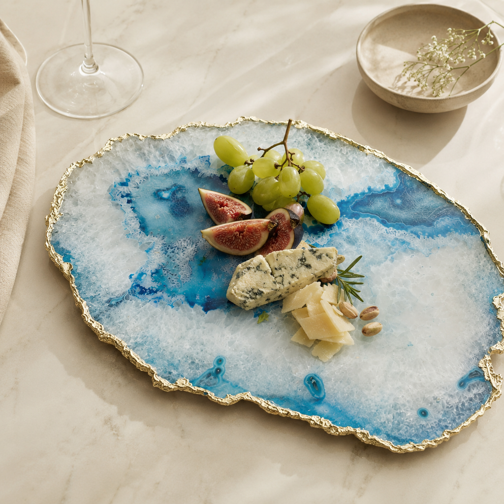 Blue agate platter with gold trims / silver trims