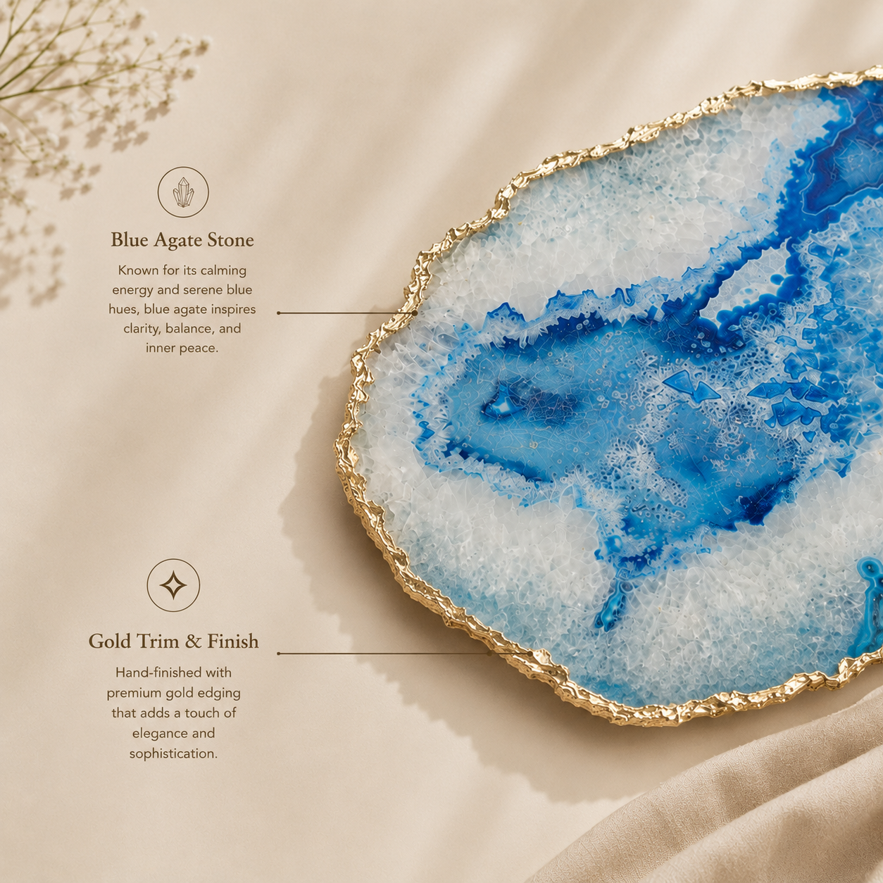 Blue agate platter with gold trims / silver trims
