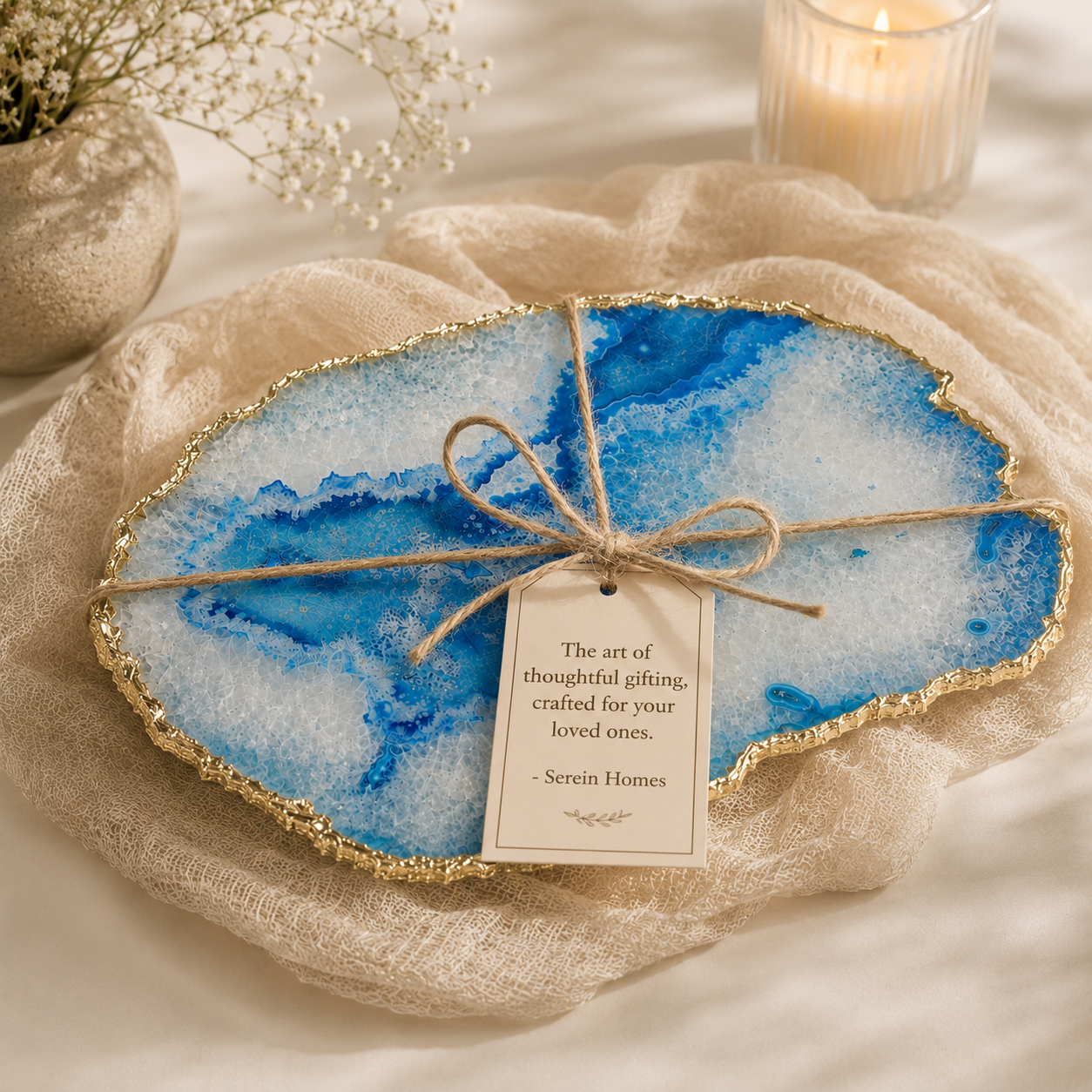 Blue agate platter with gold trims / silver trims