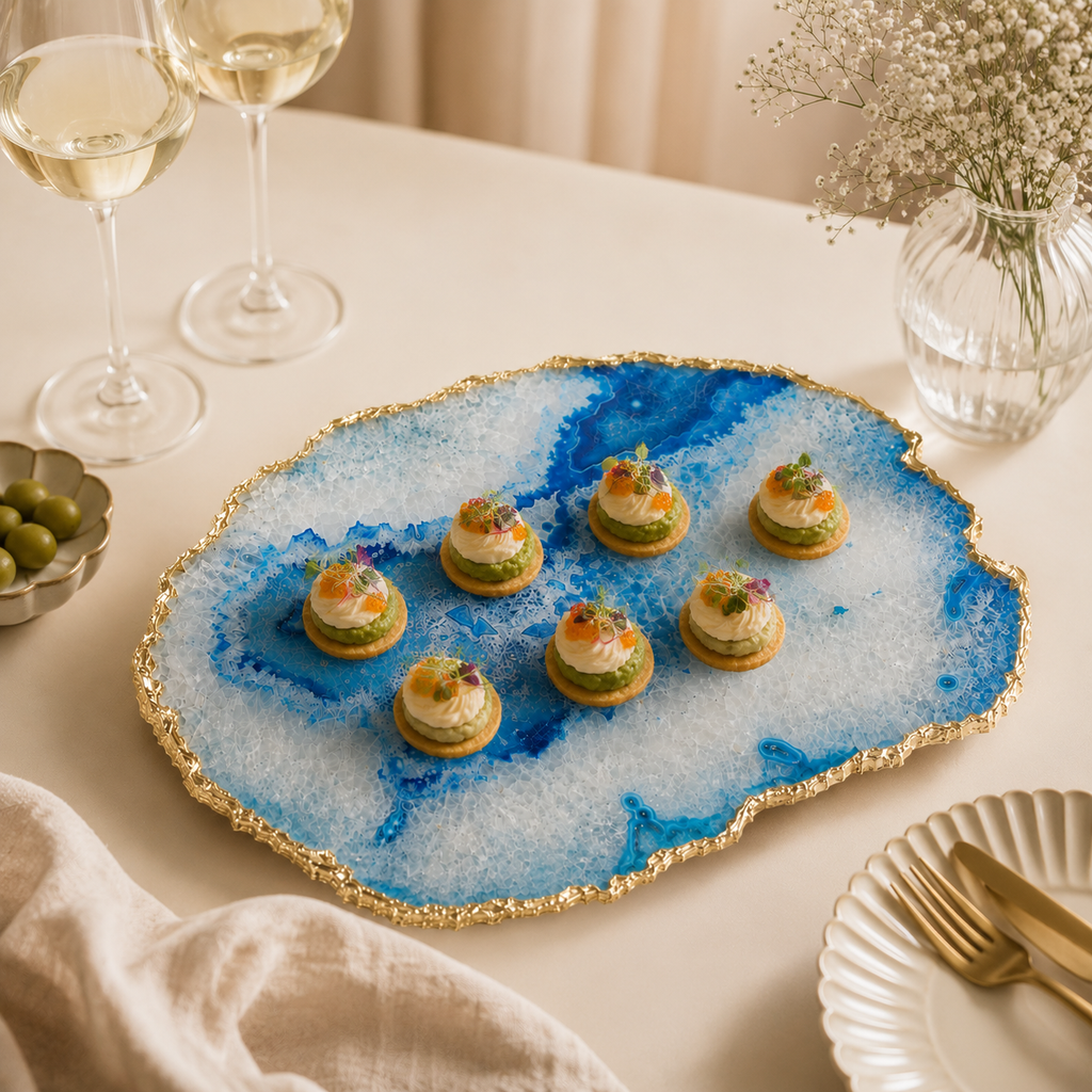 Blue agate platter with gold trims / silver trims