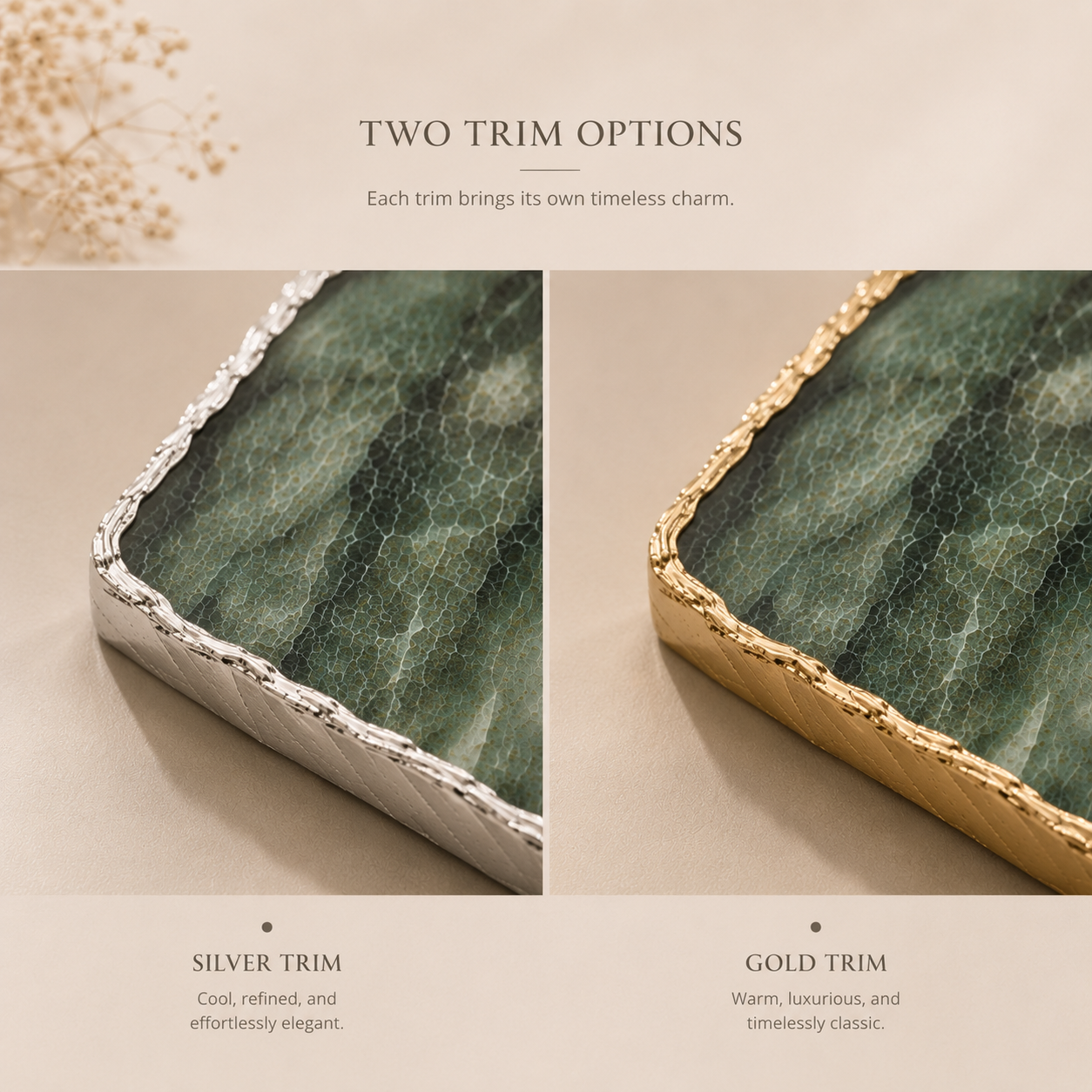 Green aventurine platter with gold trim / silver trims