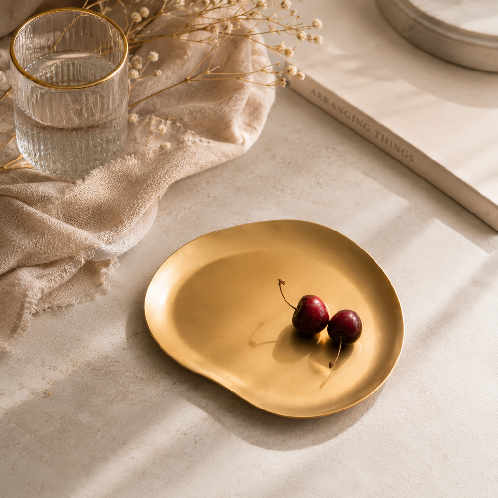 Gold plate with two cherries on a beige surface with a glass of water and book in the background
